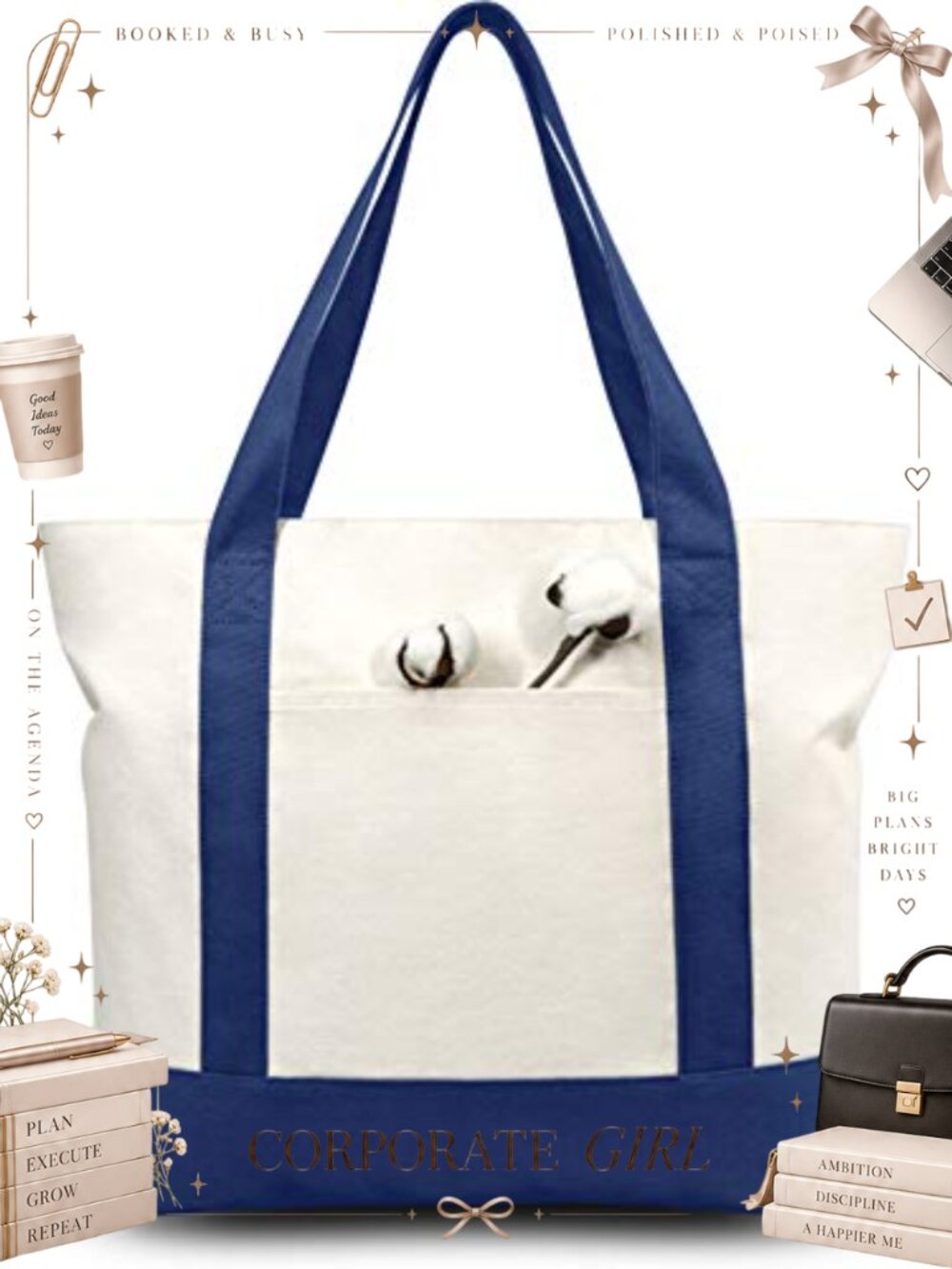 Canvas Tote Bag External Pocket Top Zipper Closure Daily Essentials Large